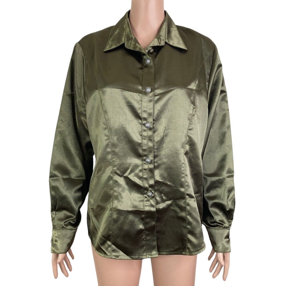 vintage aurora designs shirt womens large Olive Satin button Front